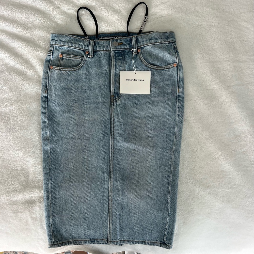 Alexander Wang Denim Midi Skirt With Crystal Charm Thong straps